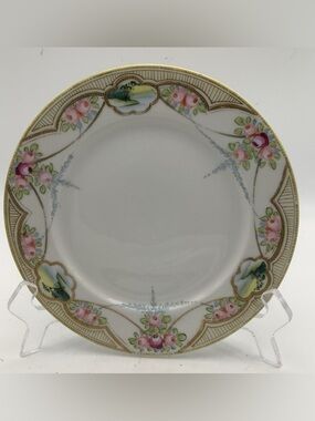 Antique Nippon 7.5” Plate with Hand Painted Border of Roses and Scenic Vignettes